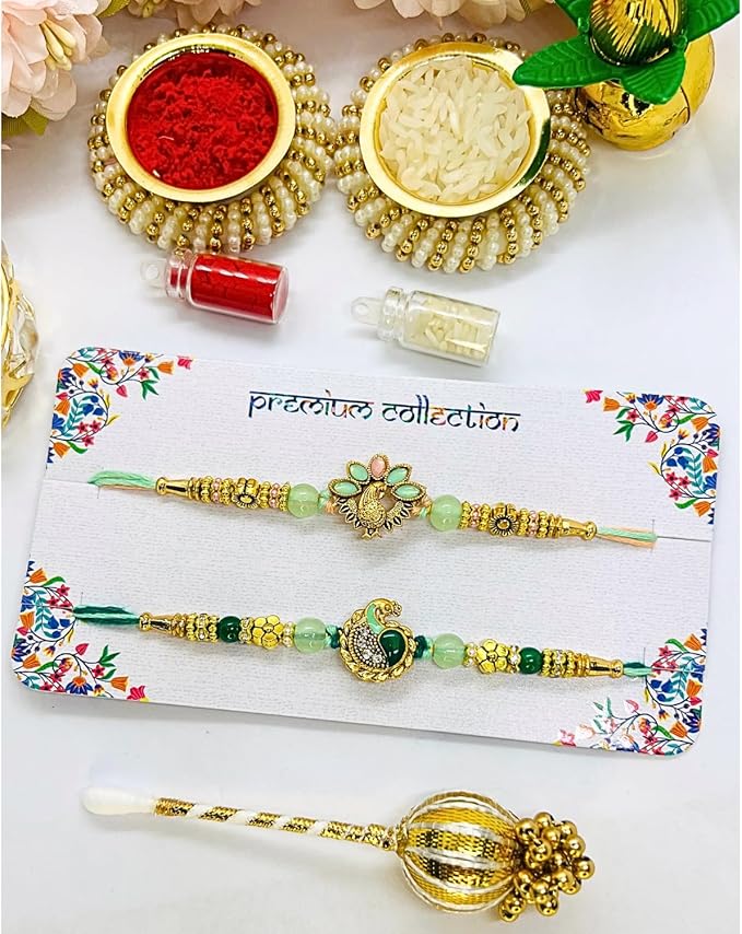 NiLy Craft 2 Pcs Brother Sister Rakhi Gift Set | Unique Green & Pista Mor/Peacock Charm Rakhi with Mix Color Pure Cotton Threads | Includes Tika Stick, Roli (Kumkum), Chawal (Rice) | Traditional Raksha Bandhan Combo for All Ages