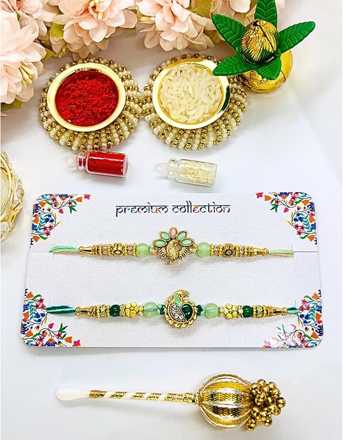 NiLy Craft 2 Pcs Brother Sister Rakhi Gift Set | Unique Green & Pista Mor/Peacock Charm Rakhi with Mix Color Pure Cotton Threads | Includes Tika Stick, Roli (Kumkum), Chawal (Rice) | Traditional Raksha Bandhan Combo for All Ages