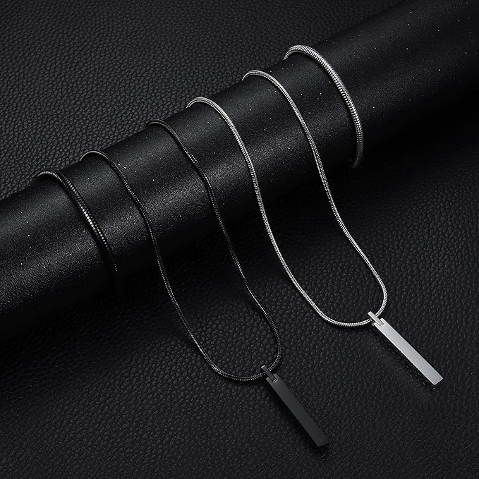 Sanfenly Men's Bar Pendant Necklace Stainless Steel Necklace and Bracelets for Men Women 3mm Snake Chain Necklace and Snake Chain Bracelet Set Length 55cm Silver/Black