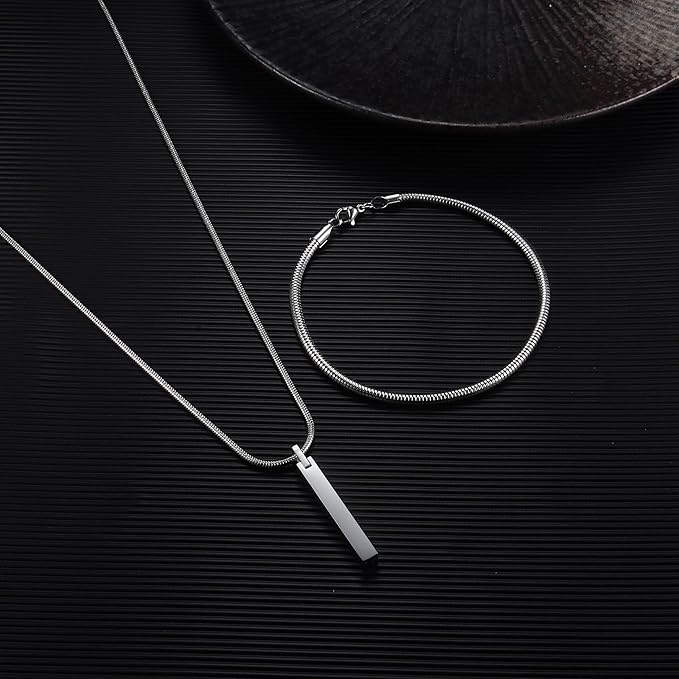 Sanfenly Men's Bar Pendant Necklace Stainless Steel Necklace and Bracelets for Men Women 3mm Snake Chain Necklace and Snake Chain Bracelet Set Length 55cm Silver/Black