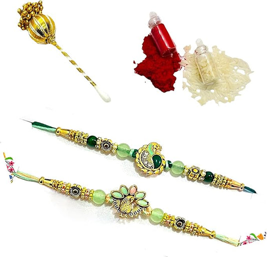 NiLy Craft 2 Pcs Brother Sister Rakhi Gift Set | Unique Green & Pista Mor/Peacock Charm Rakhi with Mix Color Pure Cotton Threads | Includes Tika Stick, Roli (Kumkum), Chawal (Rice) | Traditional Raksha Bandhan Combo for All Ages
