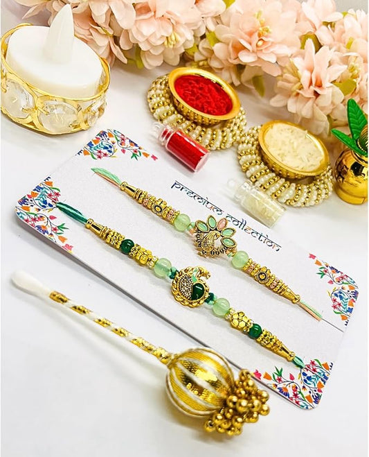 NiLy Craft 2 Pcs Brother Sister Rakhi Gift Set | Unique Green & Pista Mor/Peacock Charm Rakhi with Mix Color Pure Cotton Threads | Includes Tika Stick, Roli (Kumkum), Chawal (Rice) | Traditional Raksha Bandhan Combo for All Ages